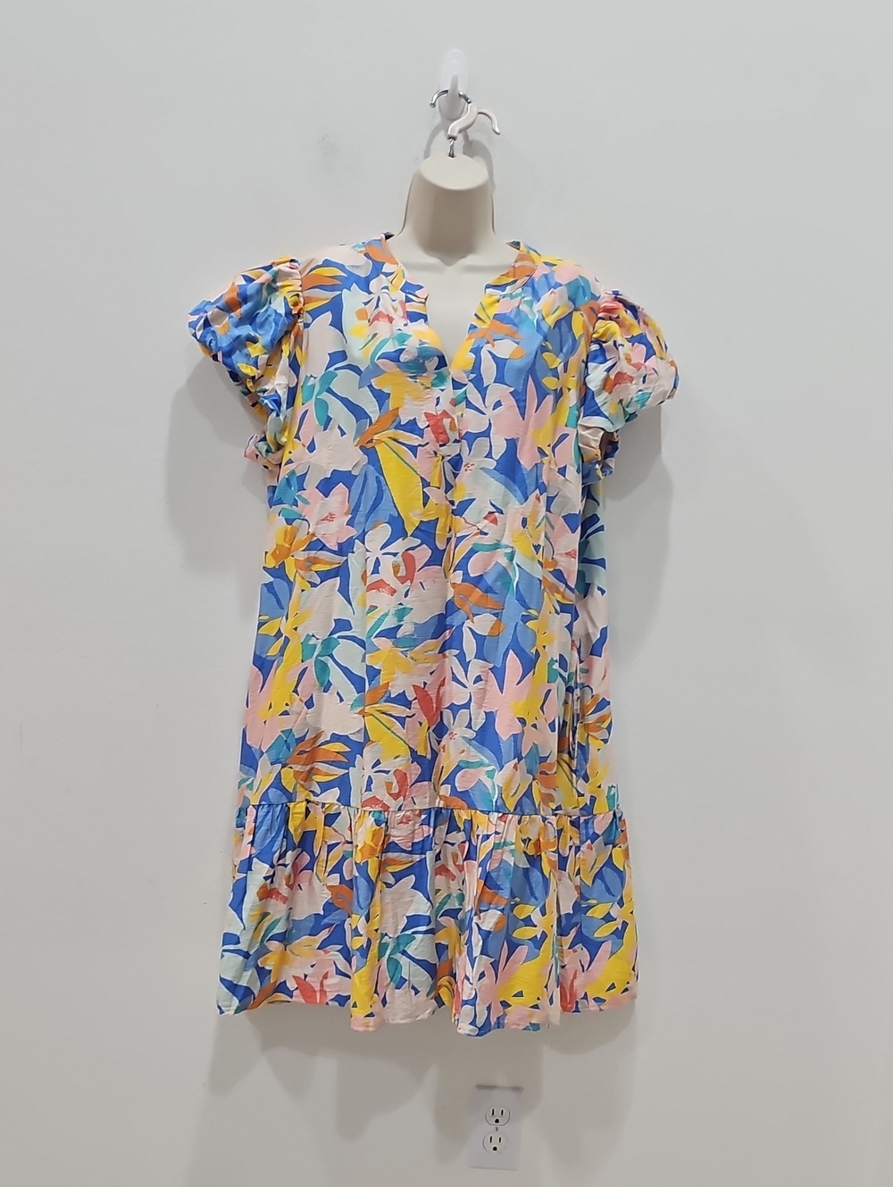 Fashion Floral Ruffle Sleeve Dress - Blue Pink Sz XL Pullover